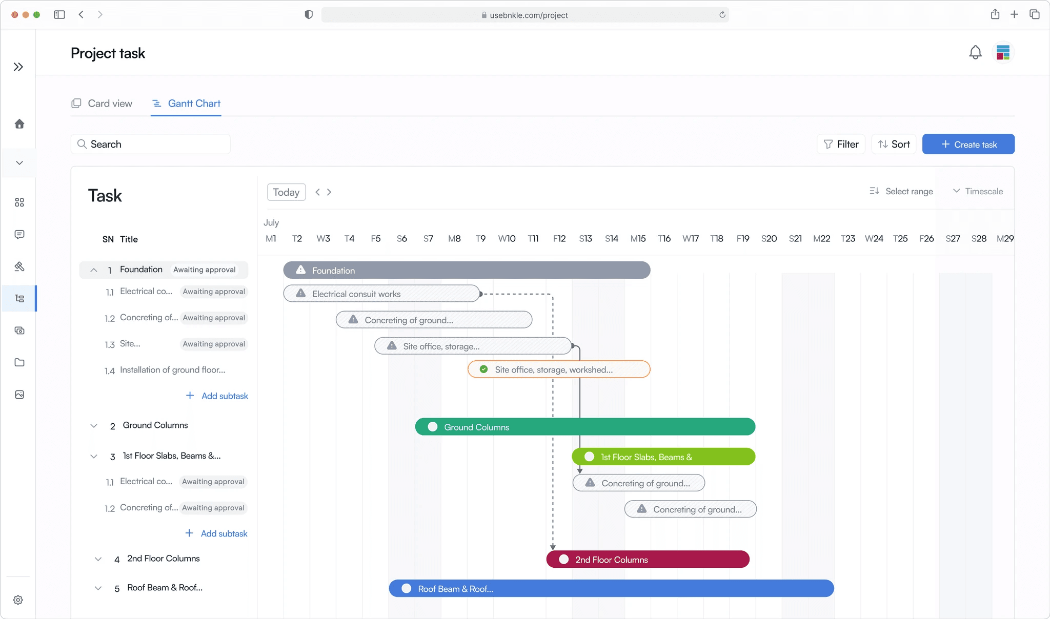 Gantt chart with side navigation collapsed for more real estate