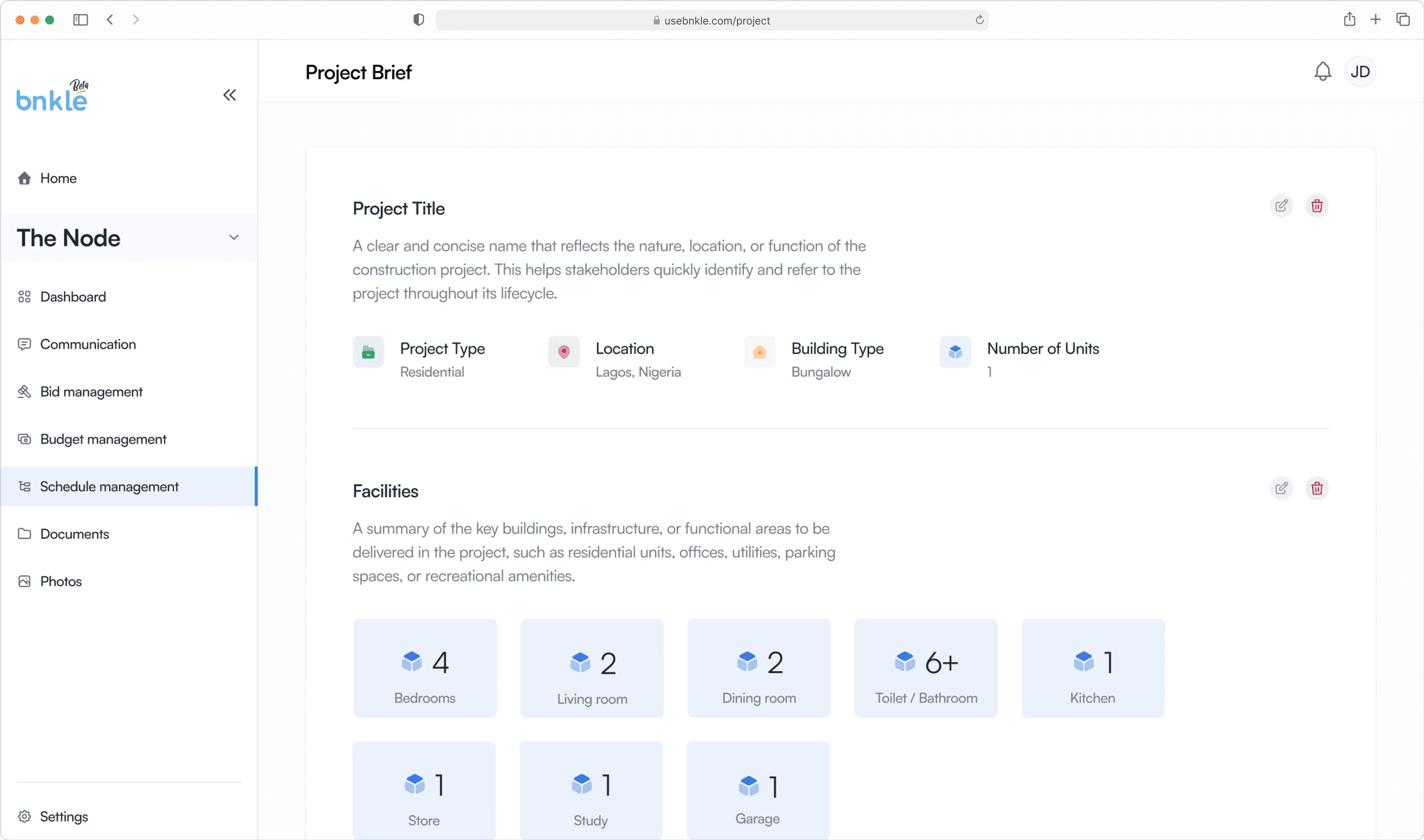 Project brief showing information of project