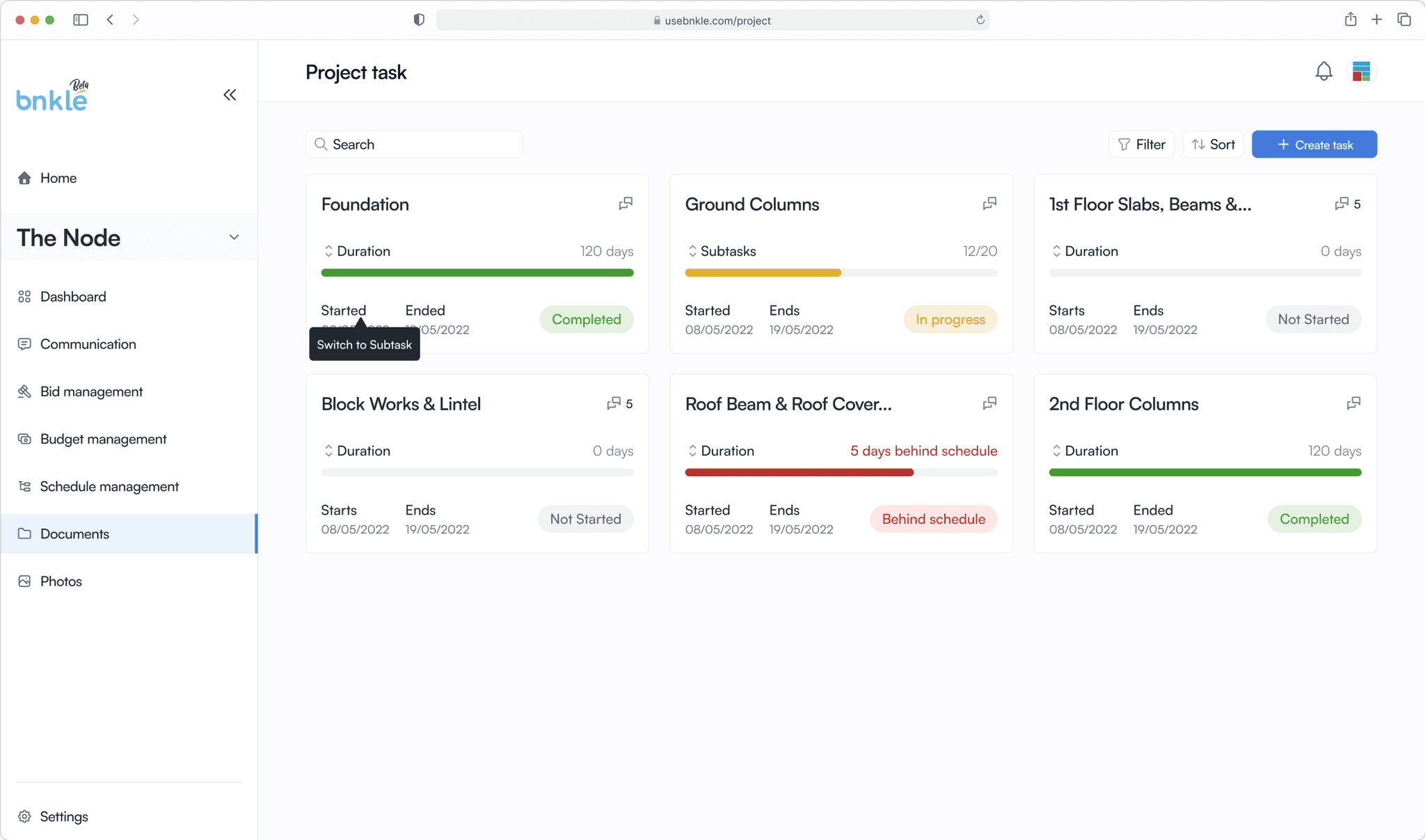 Task cards showing project health