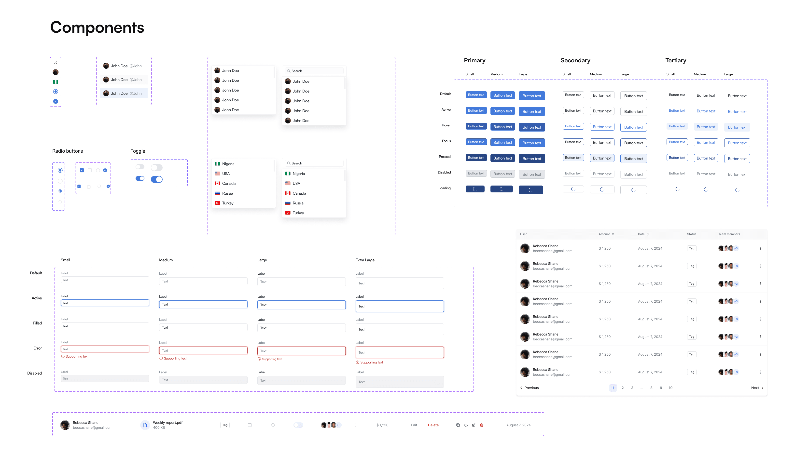 Design system component sheet, showing buttons, inputs, radio buttons, toggles, dropdowns, and a data table across their states and sizes