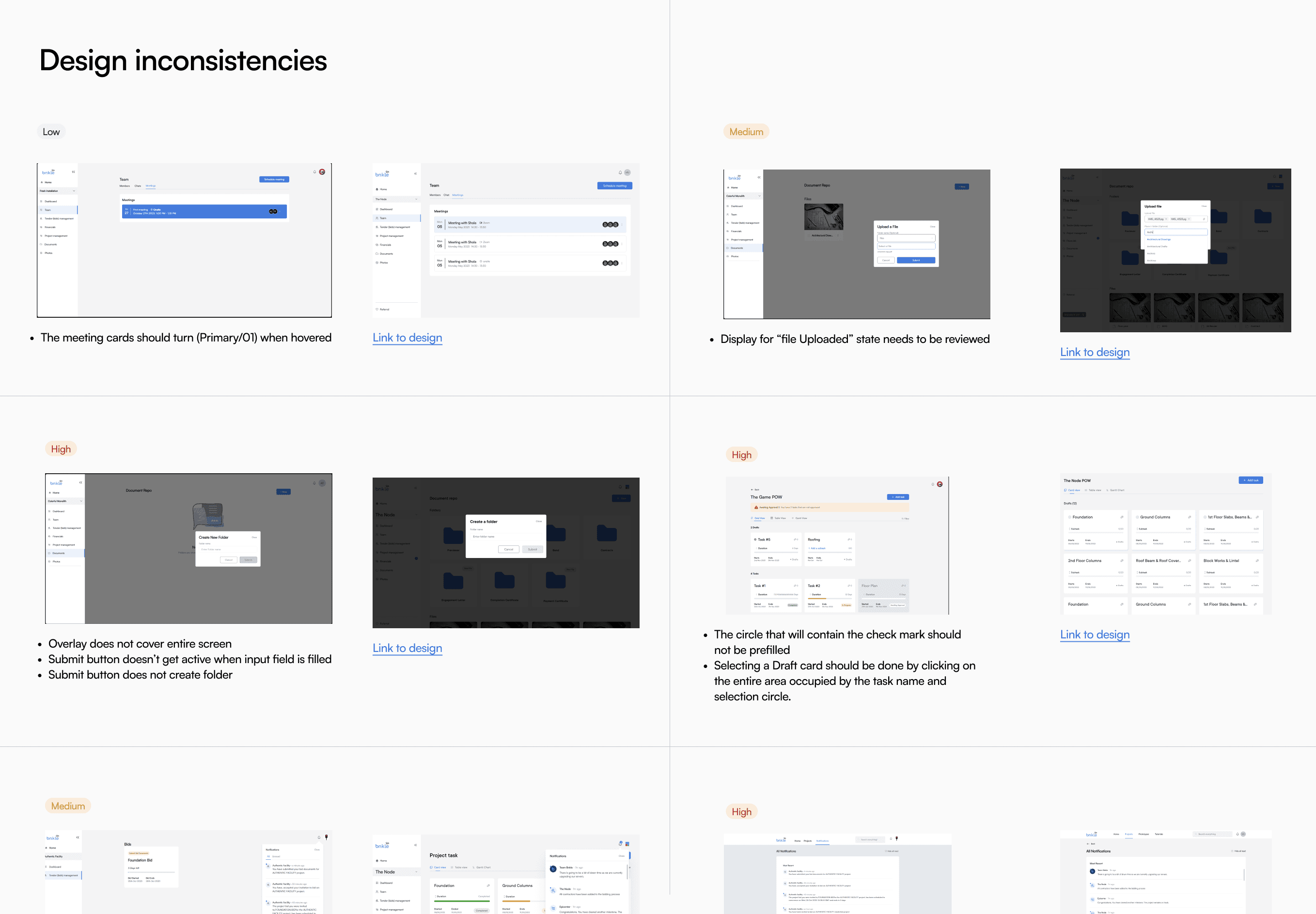 Design inconsistency audit board, showing issues tagged by severity with notes and links to the corresponding designs