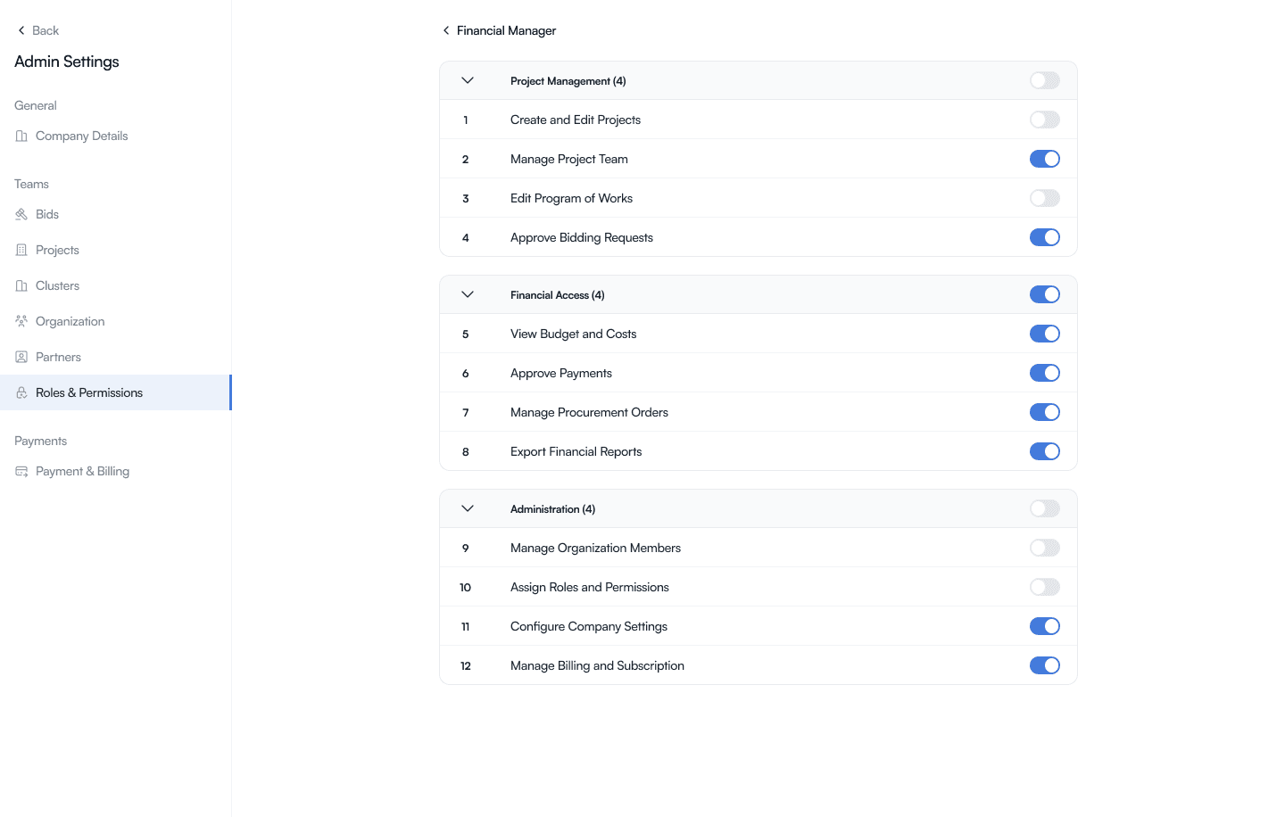 Detail view of the Financial Manager role, showing individual permission toggles grouped by category
