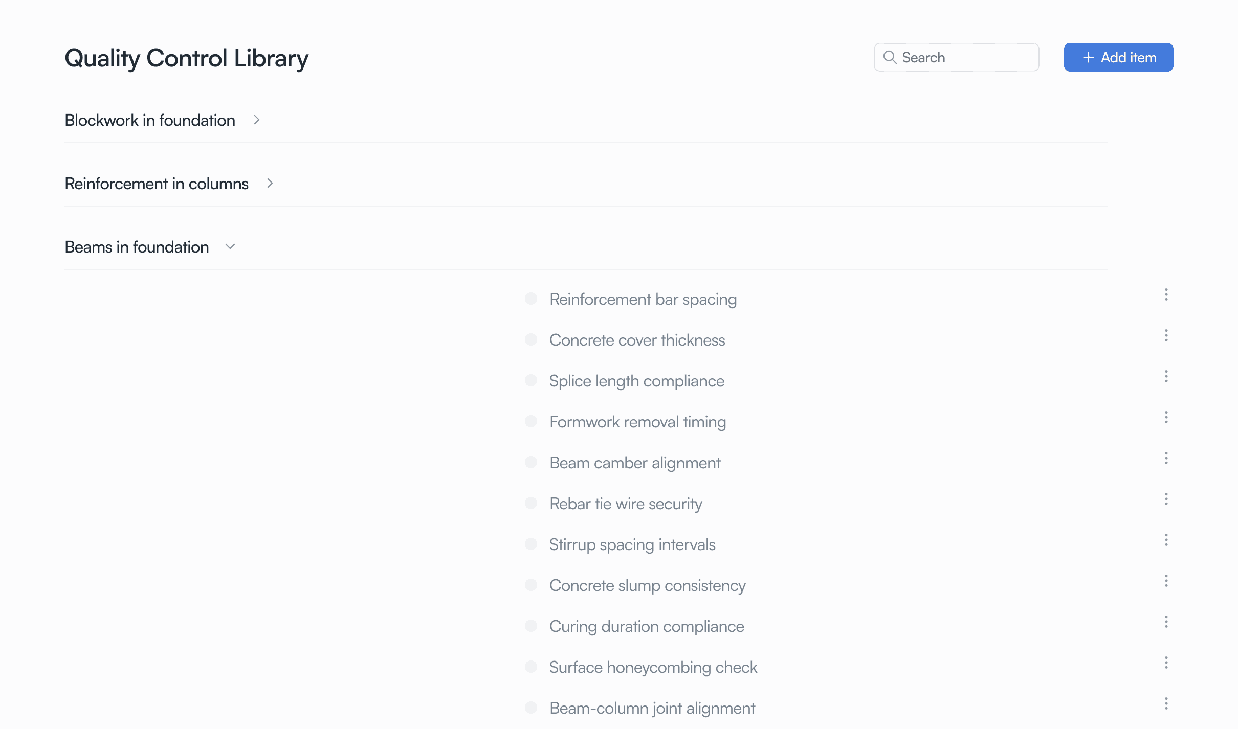 Initial checklist library layout, breaking down into an unstructured list once populated with real content
