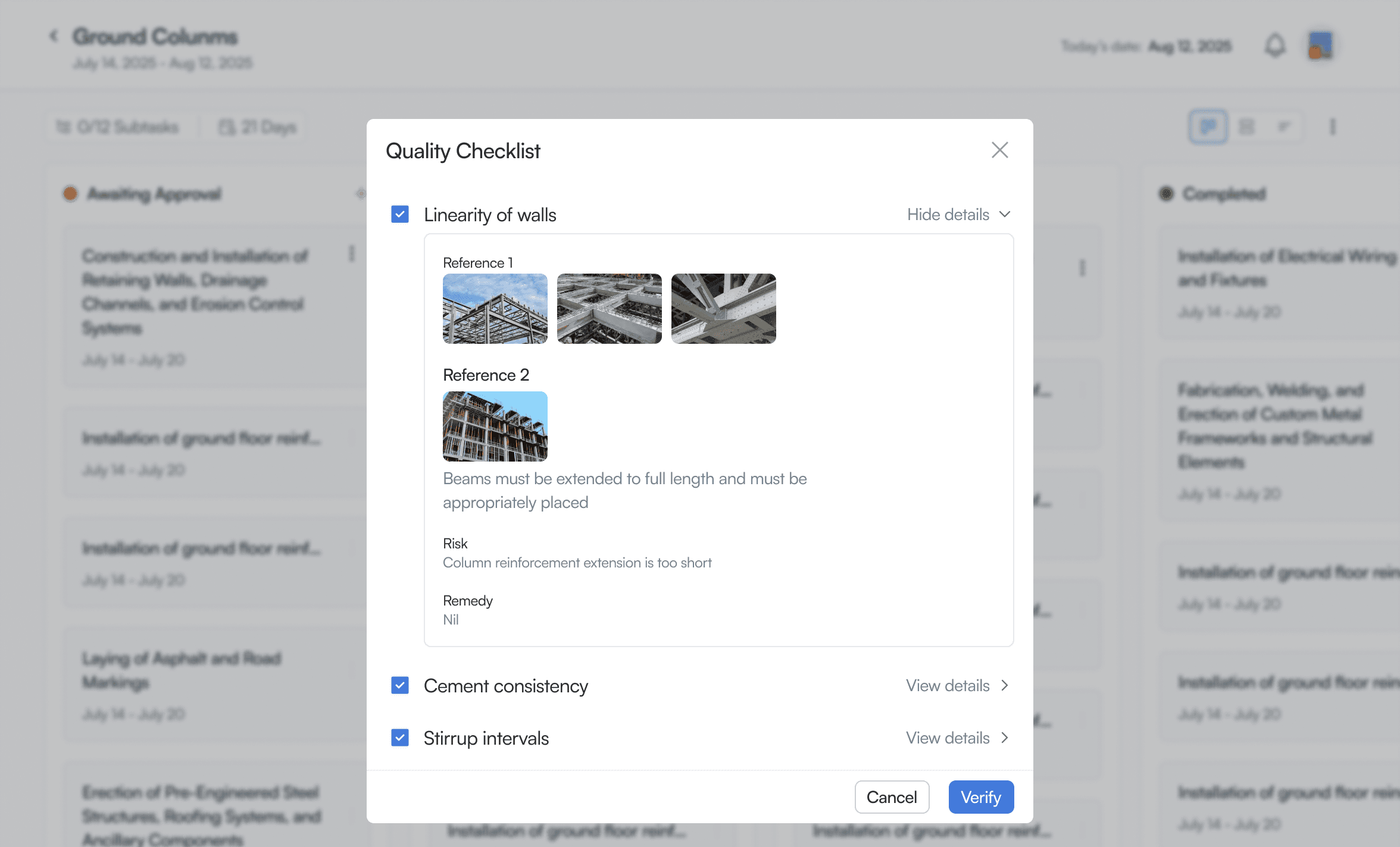 Quality checklist modal for an on-site project manager, showing checklist items with reference images and a risk/remedy note