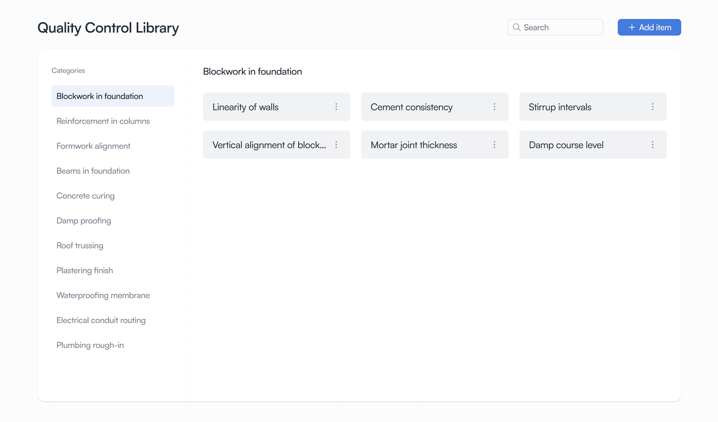 Redesigned checklist library, showing categories in a sidebar and items grouped into a card grid