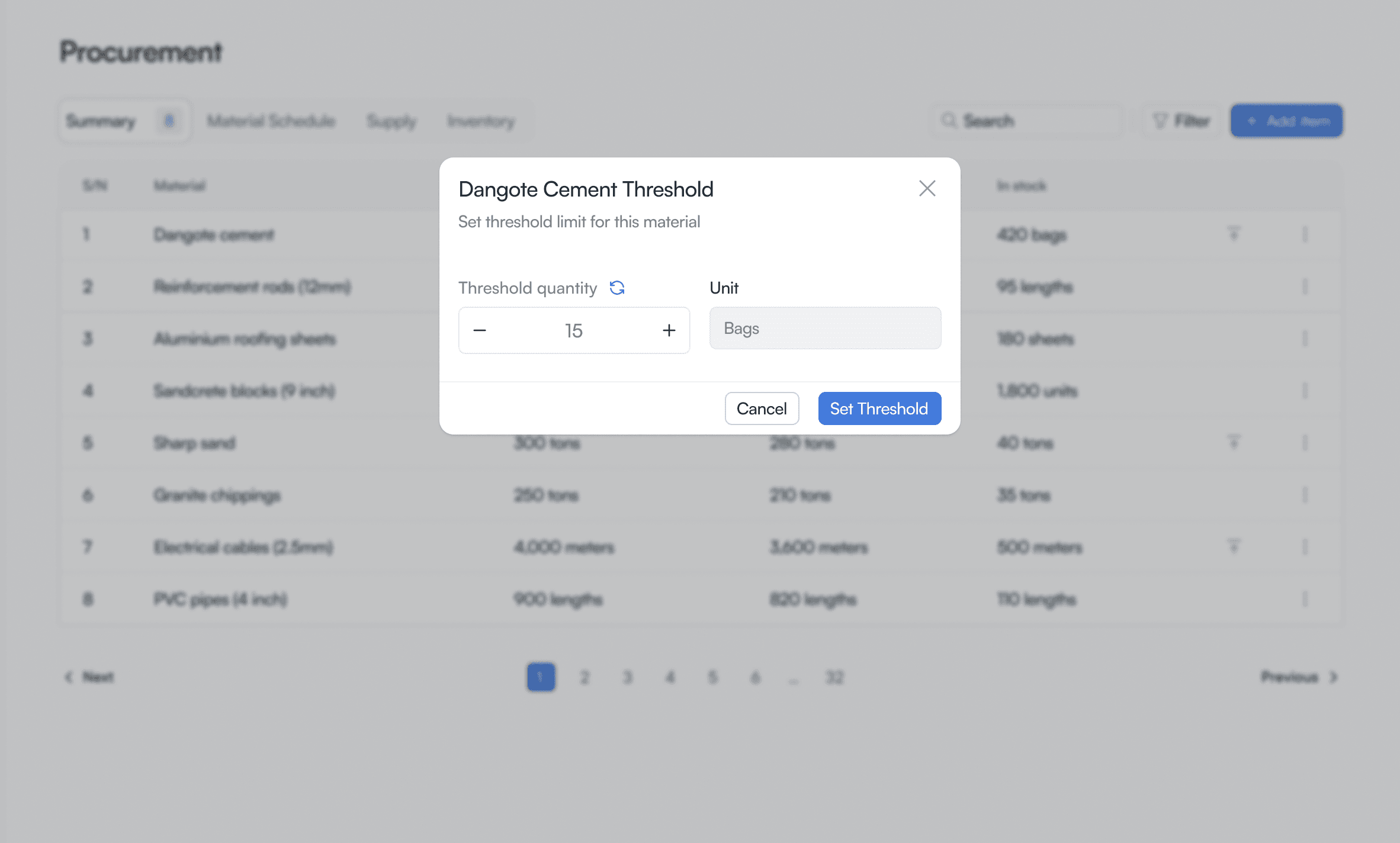 Modal for setting a reorder threshold quantity on a material
