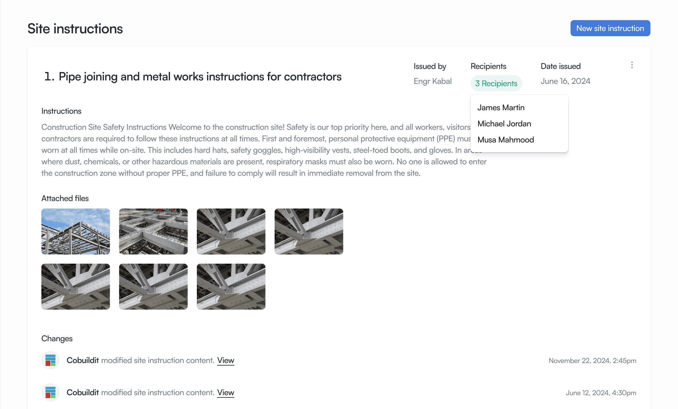 Site instructions page, showing an issued instruction with recipients, instructions text, and attached reference files